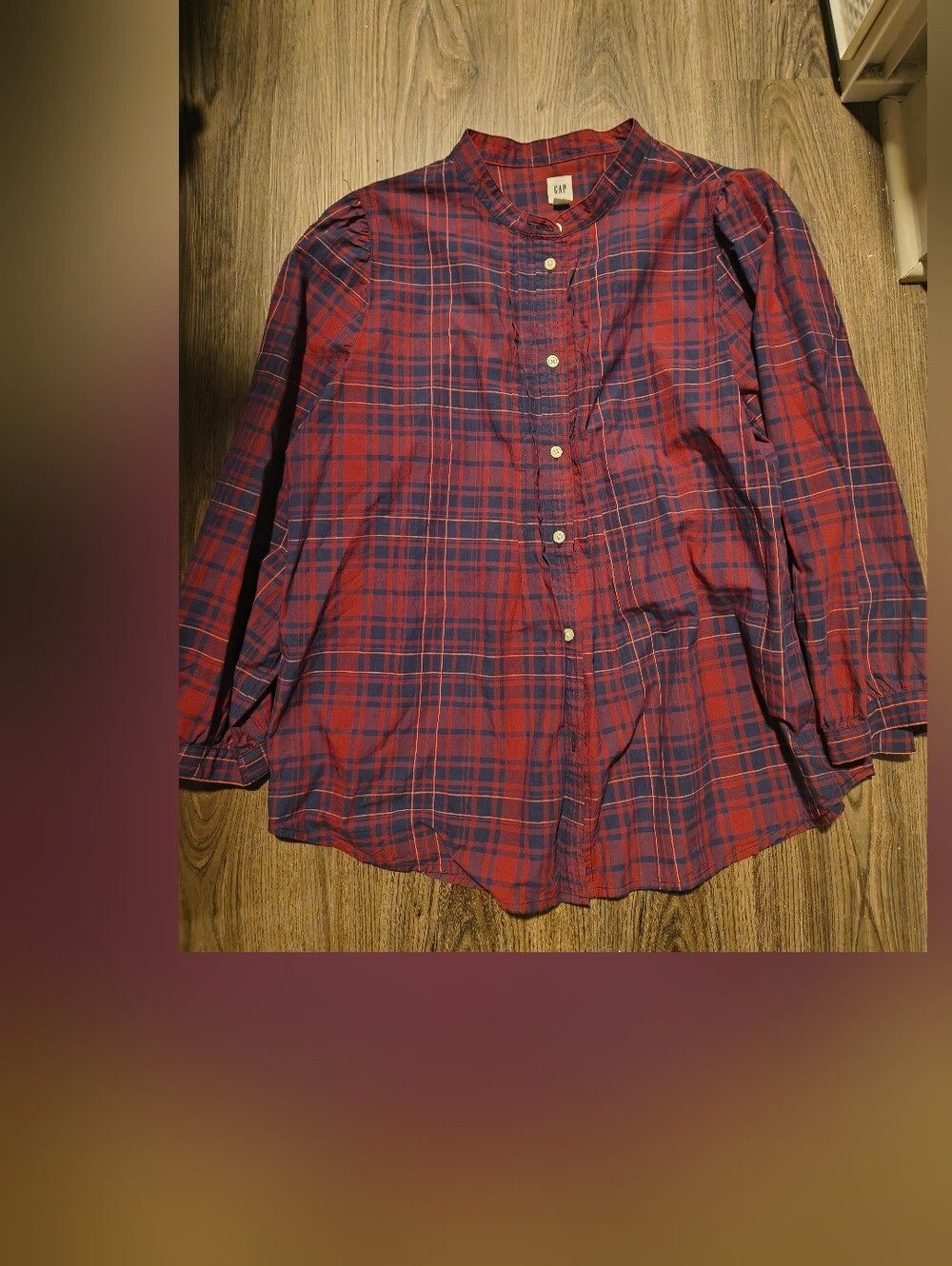 GAP Red and Navy Plaid Band-Collar Button-Down Shirt